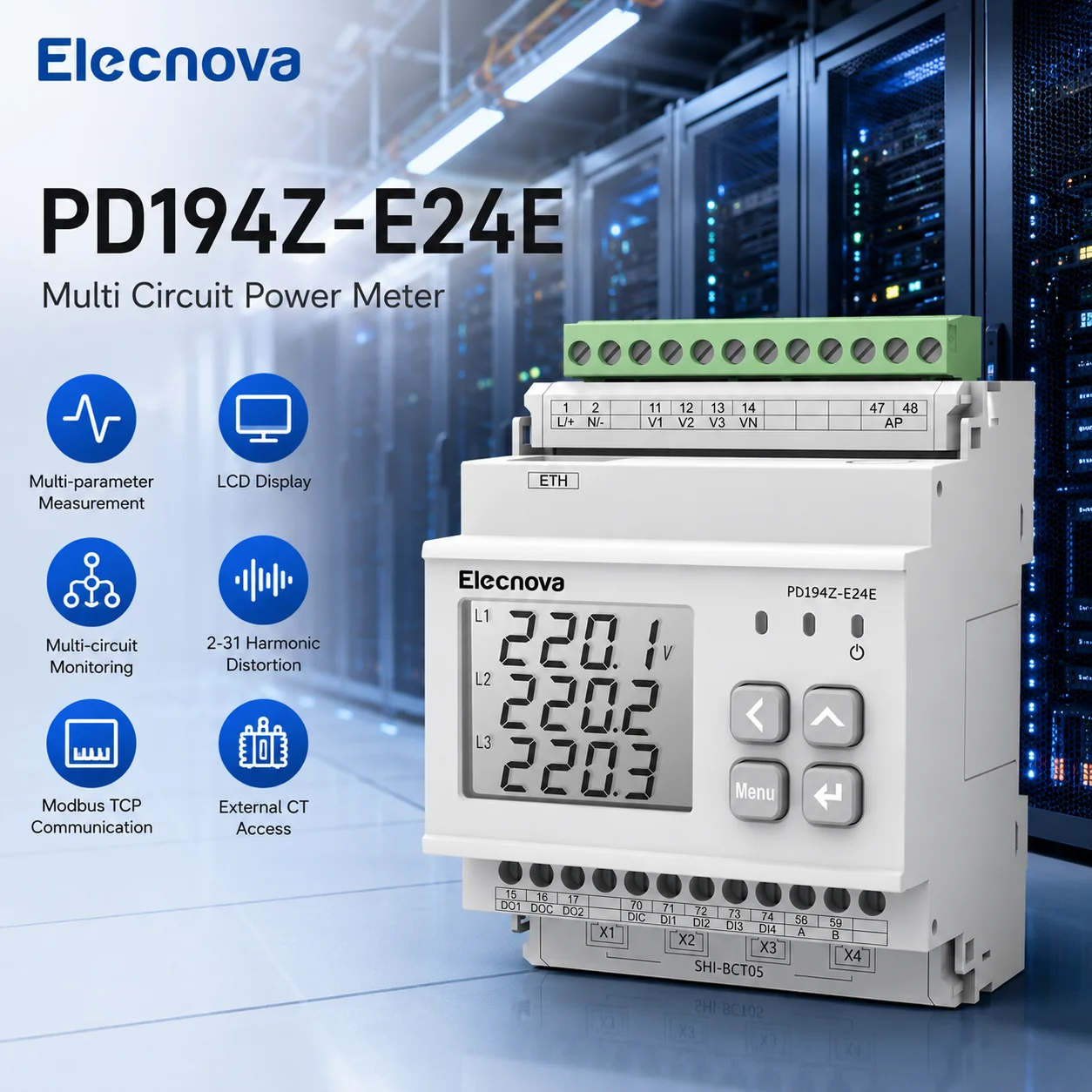 Three Phase Multi Circuit Power Meter Modbus TCP Energy Meter for Data Center Energy Monitoring