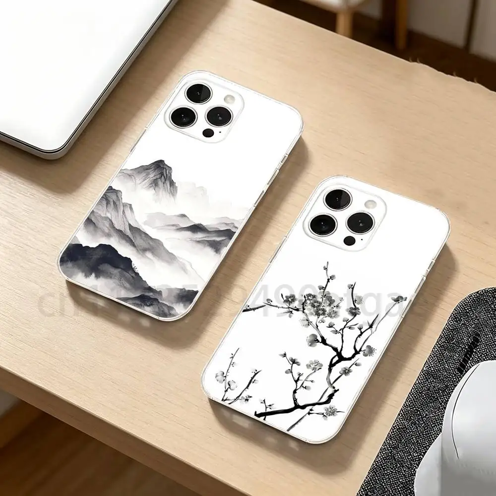 

Chinese Ink Style Phone Case for iPhone17,16,15,14,13,12,11,XR,Pro,Max,Plus,mini,Transparent Silicone Cover