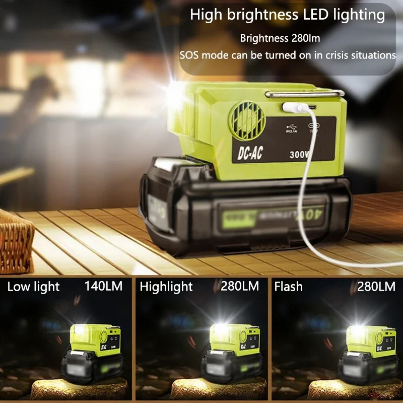 

For Ryobi 40V Li-ion Battery 300W Power Inverter AC 120-230V Charger Adapter with USB type-c AC Outlet and LED Light