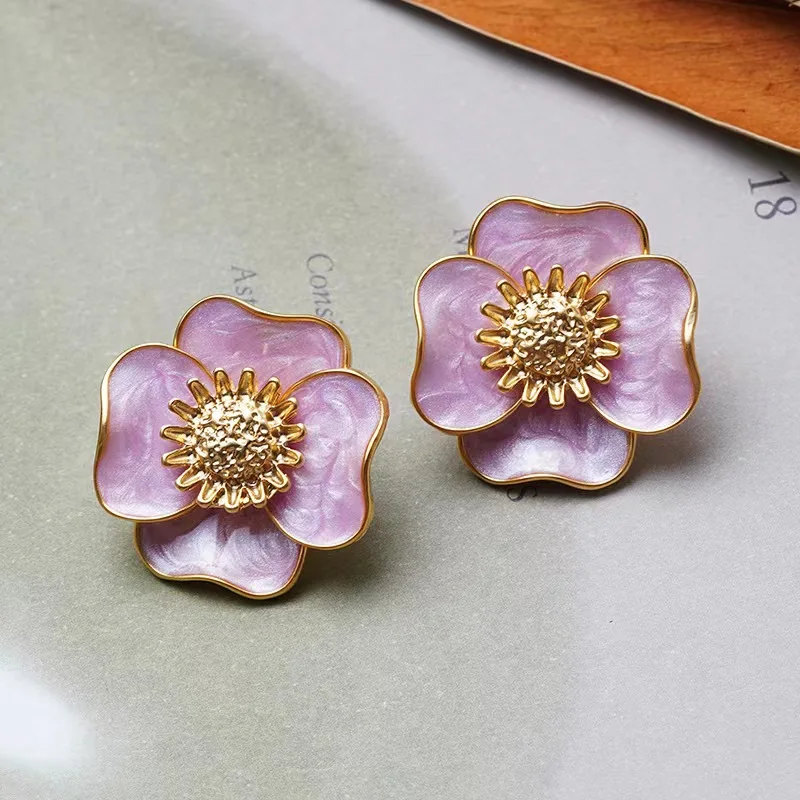 2023 Vintage Purple Colour Flower Stud Earrings Jewelry Women Retro Femme Wedding Bridal Luxury Jewelry Bijoux