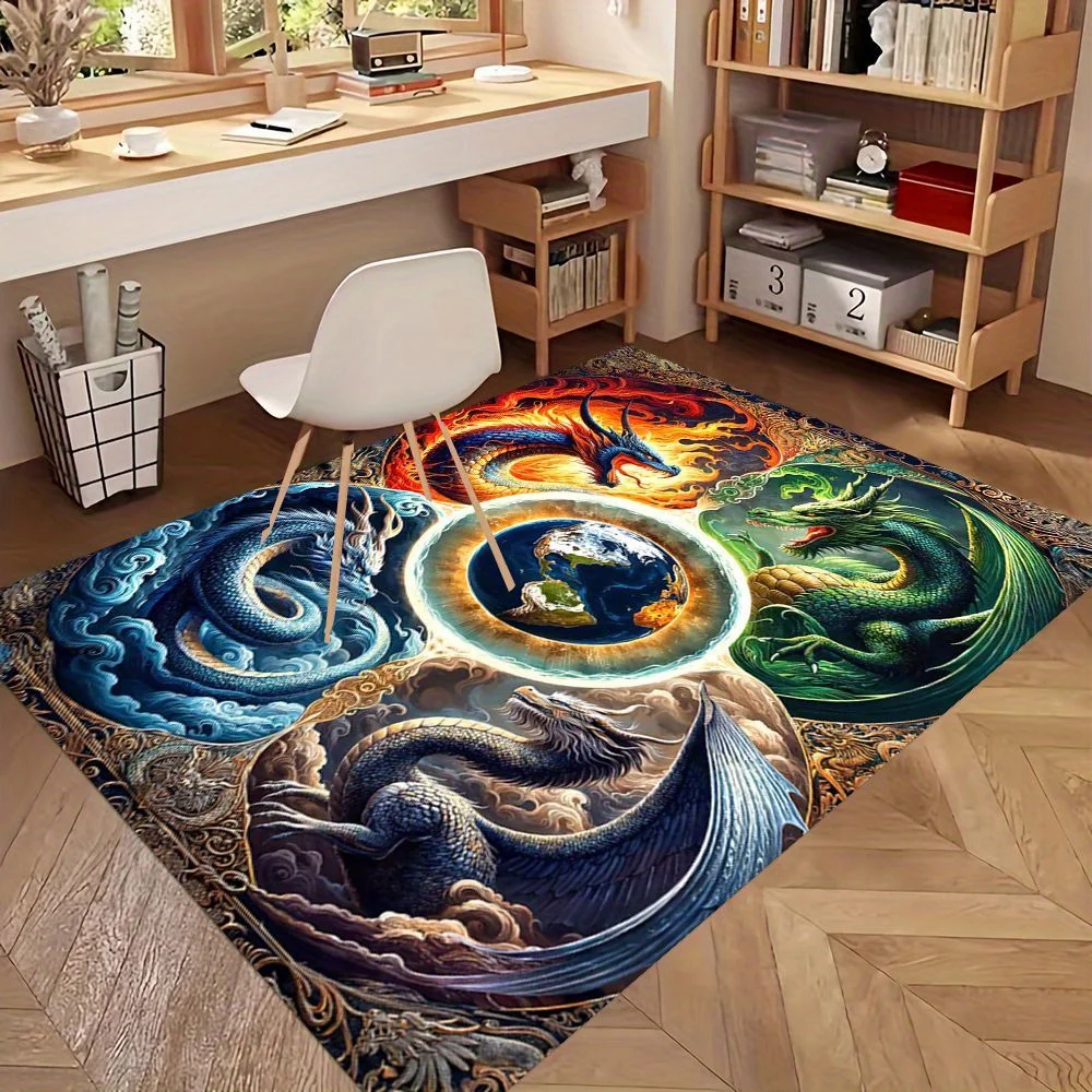 1pc Fantasy Four‑Elements Dragon Mythology Print Area Rug, Non‑Slip Washable Durable Floor Mat for Entryway, Office, Living Room