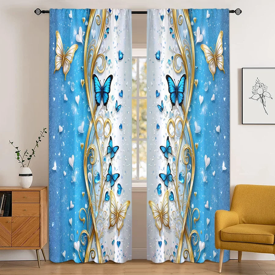 2PCS Blue Gold Butterfly Print Curtains, Heart Shape Sparkle Romantic Window Drapes for Girls Bedroom Living Room Decor