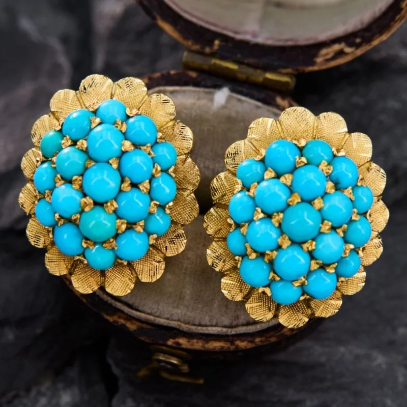 Trendy Bohemian Style Synthetic Turquoise Cluster Stud Earrings for Women Elegant Temperament Banquet Vacation Jewelry Accessory
