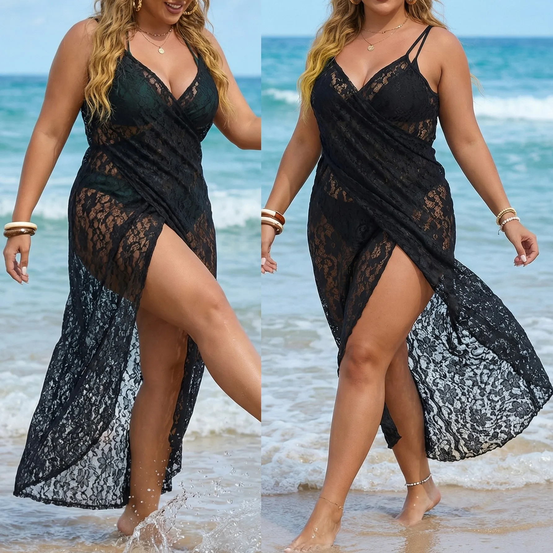 Beachwear Dress Pareo Women's Lace Cover-up Sheer Black Wrap Style Maxi Length Floral Lace V Neck Spaghetti Strap High Slit