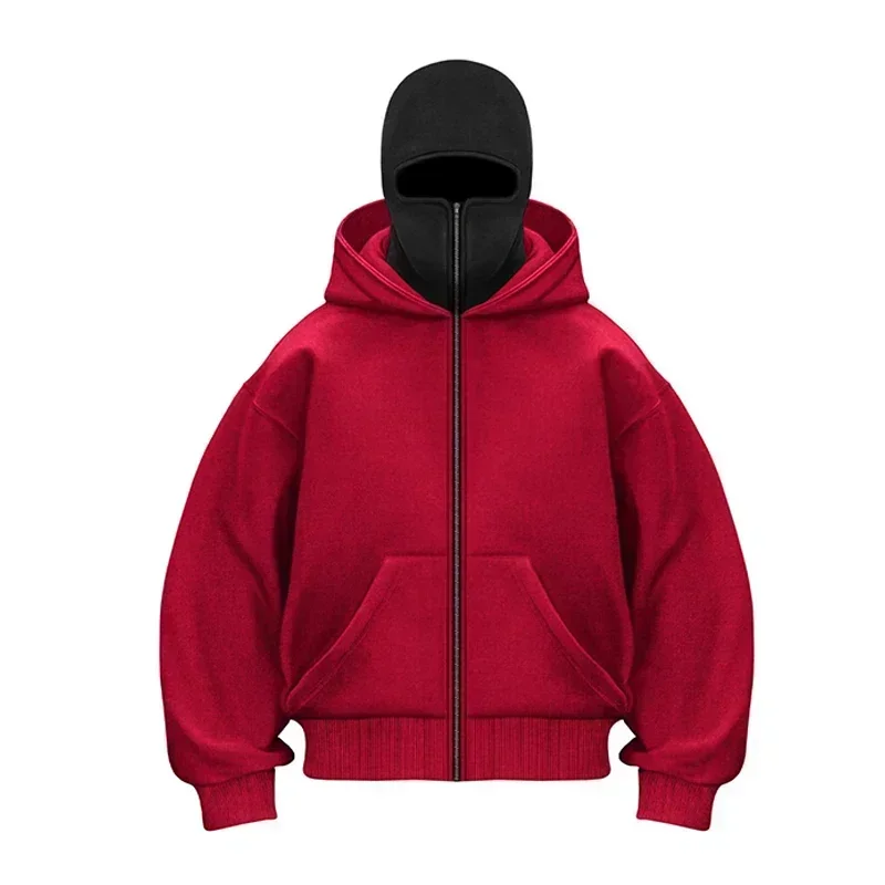 

Men's zipped hooded winter warm casual sporty sweatshirt with zip-up face mask hood design outdoor activity jacket, fashionable