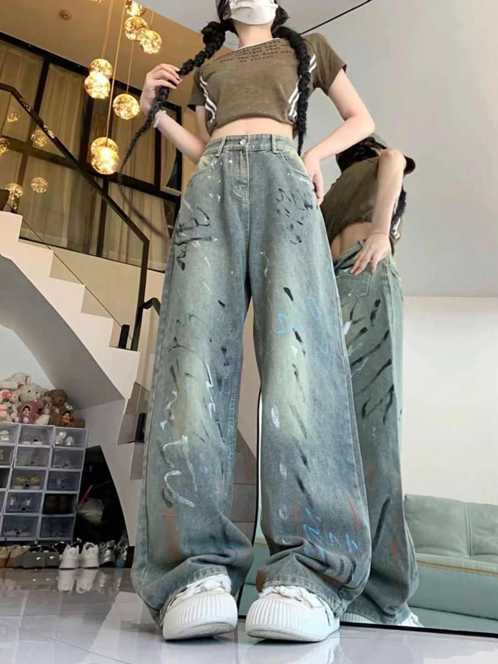 Oversized Splash-ink Print Wide Leg Denim Pants Women Spring Autumn High Waist Straight Loose Jeans American Retro Blue Jeans