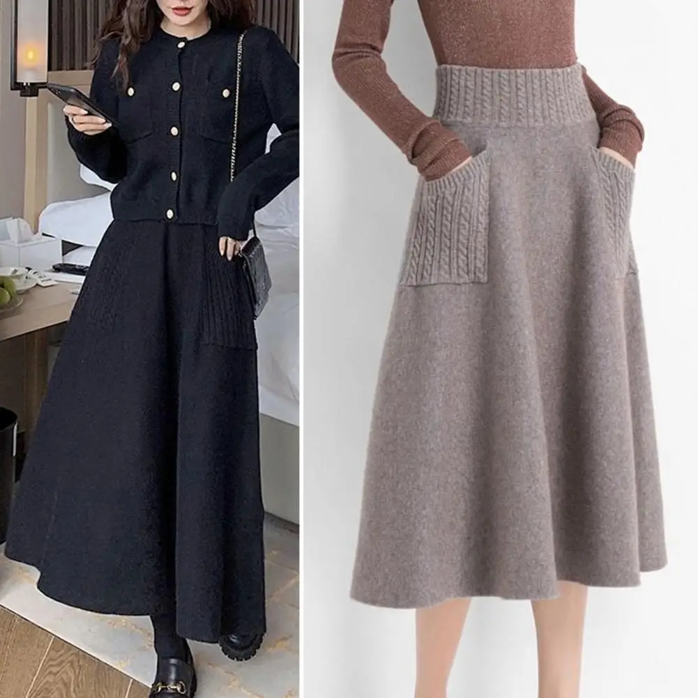 

Autumn Winter Women Retro Twisted Rhombic Plaids Crocheted Knitted Skirt Korean Fashion High Waist Slim Long Skirt