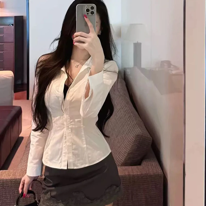 Women's White Shirts Fashion Y2K Long Sleeve Slim Fit Blouse Women Chic Turn Down Collar Single-Breasted OL Offic Shirt Ladies