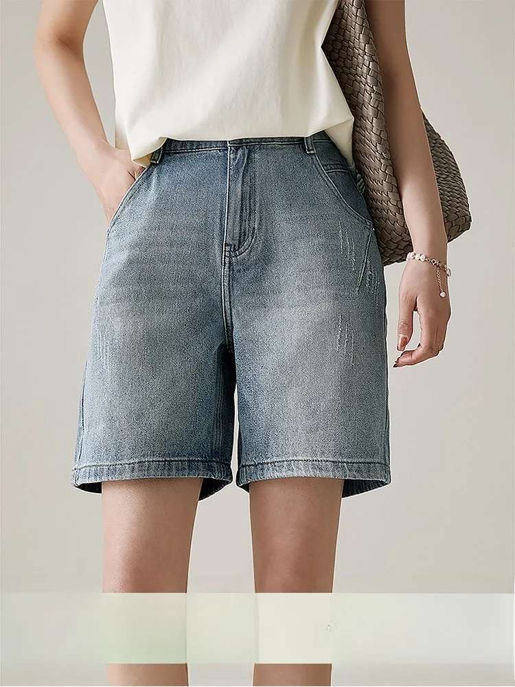 

Удобные винтажные синие джинсовые шорты женские с высокой талией, прямые, повседневные, весенне-летние, дышащие, эластичные, облегающие