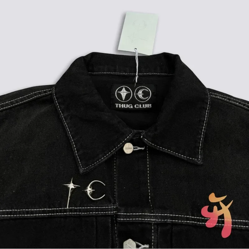 24FW Thug Club Jacket Metal Stars Moons Logo Embroidered Tassel Pocket Washed Black Denim Coats Street Jeans Men Women Set