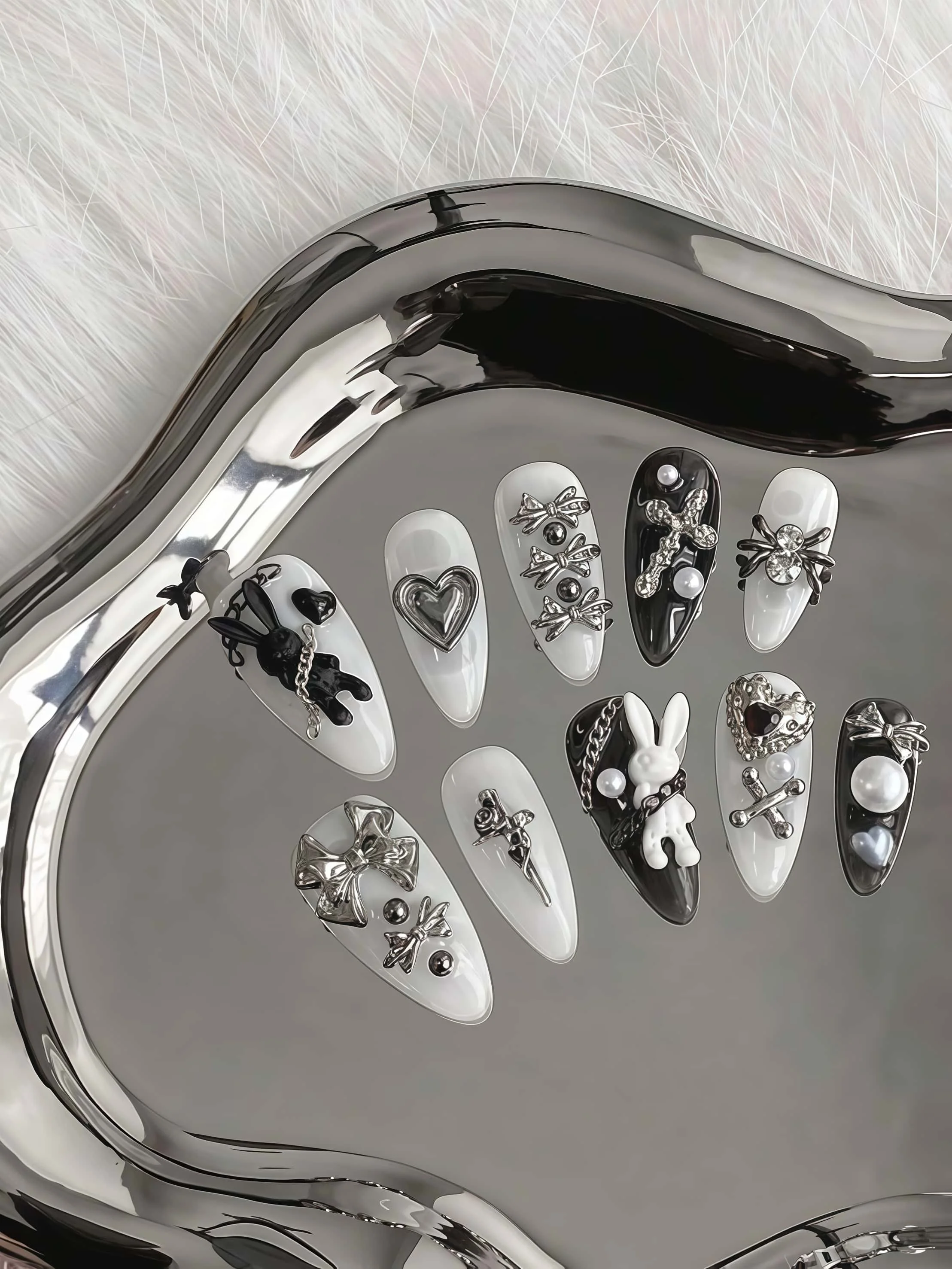 10 Pieces of Handmade Almond-Shaped Full-Cover Nail Tips, Medium Length, Black, White, and Silver, Subculture Punk Style, Suitable for Women and Girls, Ideal for Rock Performances, Trendy Spots, and as a Gift, Comes wi