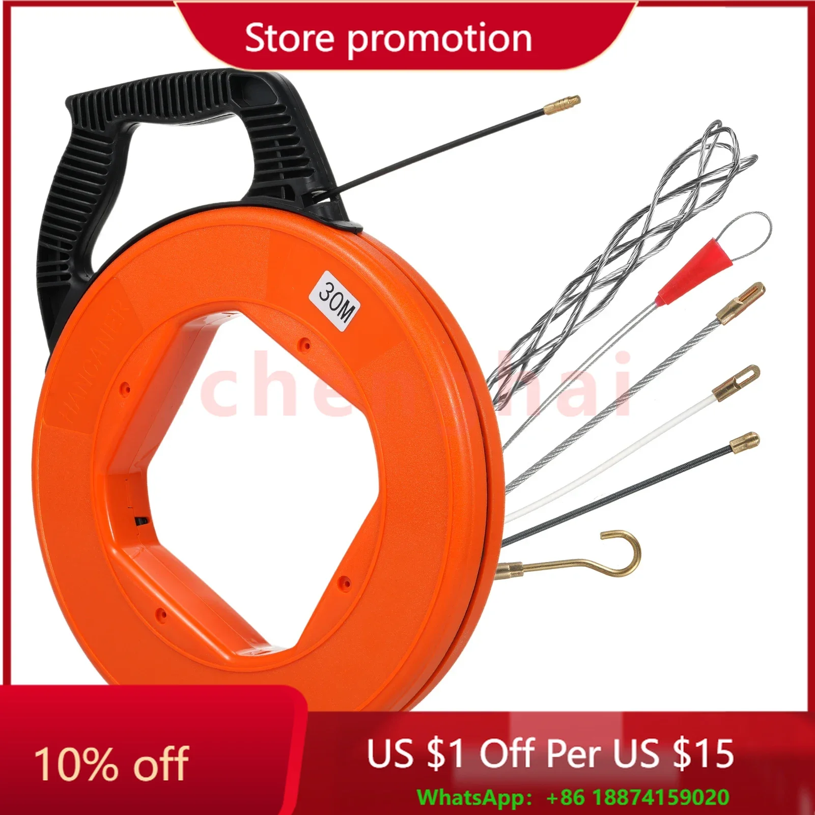 Cable Retractable Aid 30m High-Quality Retractable Spiral Including 6 Adapters Pull Wire for Empty Pipes with Shatterproof Cable