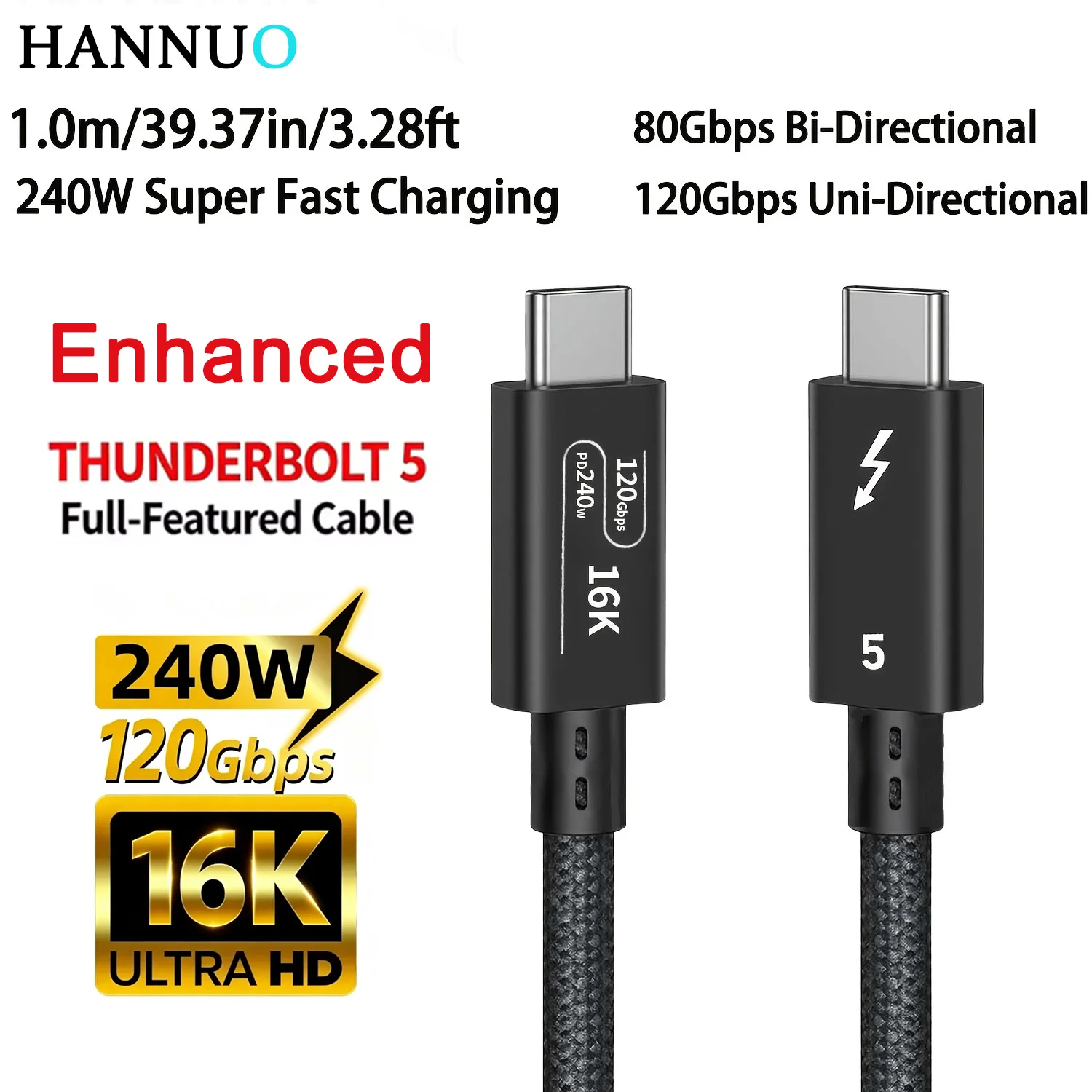 HANNUO Thunderbolt 5 Cable 80Gbps 120Gbps Bandwidth 16K/8K Video 240W PD Fast Charging for MacBook Camera Type C Transfer Cable