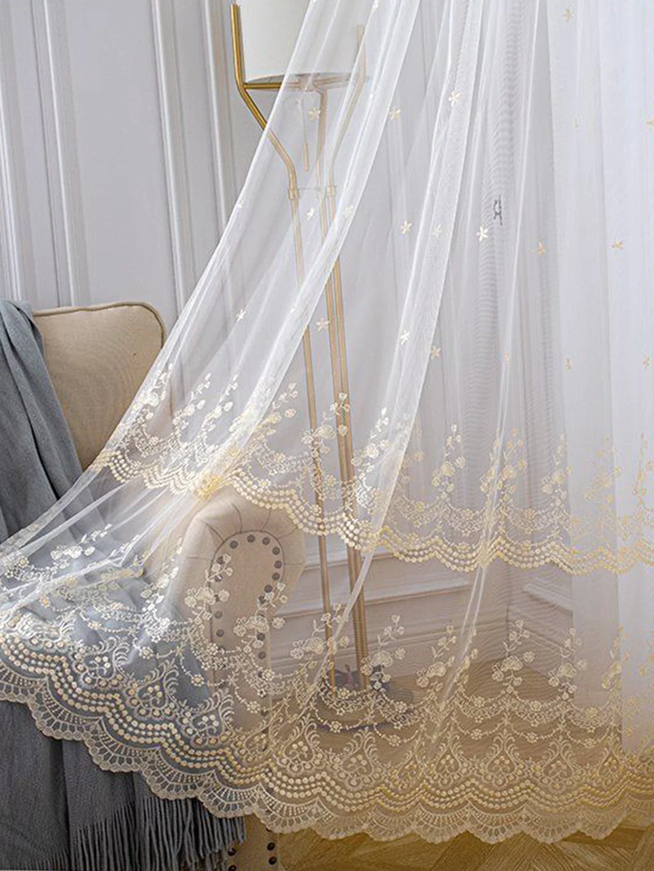 

Modern Simple American Pastoral Embroidery Yarn Solid Yellow Color Transparent Polyester Wndow Netting For Living Room