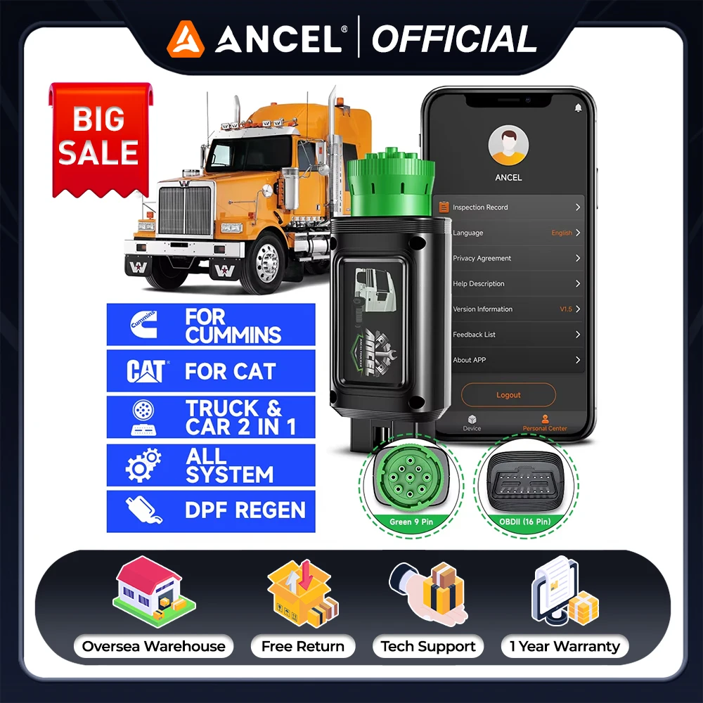 

2024 ANCEL HD100 Heavy Duty Truck Tool Full System Code Reader D-P-F Regeneration for Cummins for Caterpillar with Bluetooth