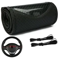 Car Leather Steering Wheel Cover Carbon Fiber Pattern Fashion Sport Hand Stitched Soft Anti-slip Breathable Sleeve Universal