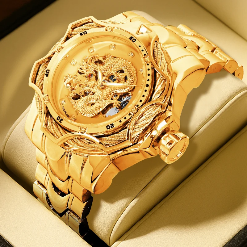

Мужские желтые элегантные механические часы с турбийоном, полностью автоматические, с резным изображением дракона, в праздничном стиле.
