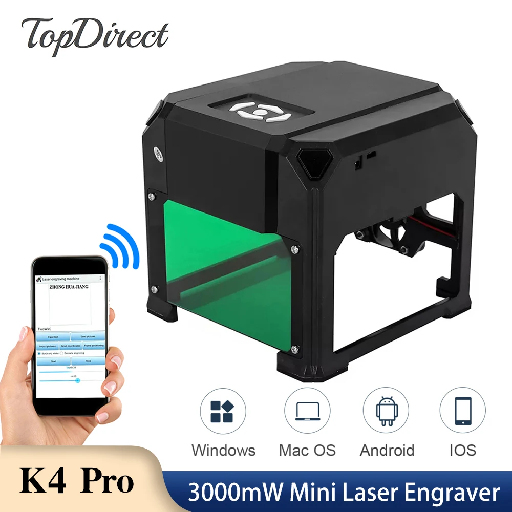 TopDirect CNC Laser Engraver K4 Pro Woodworking Mark Printer Mini 3000mW with Bluetooth Laser Engraving Machine for Wood Plastic