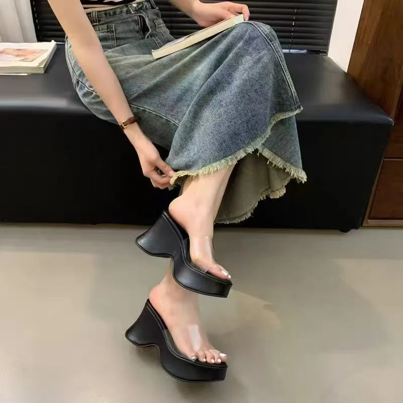

2026 Women Fashion Summer Chunky Heels Slippers Wedges Heels Casual Shoes PVC Transparency Slippers Sexy Lady Sandals