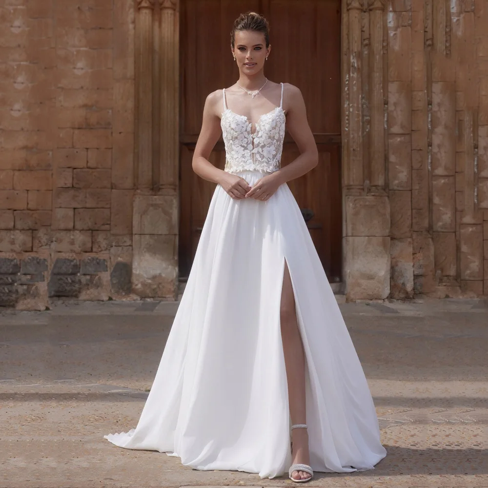 Country Wedding Dresses Classic A-Line Bride Dress Spaghetti Strap Lace Appliaues Side Slit Sexy Bridal Gown Customized