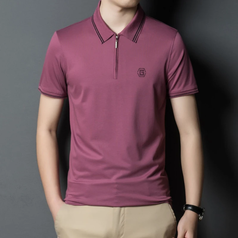 New Mulberry Silk Summer Mens Polo Shirts Luxury Short Sleeve Solid Color Business Casual Man Tops Slim Fit Male Tees 4XL