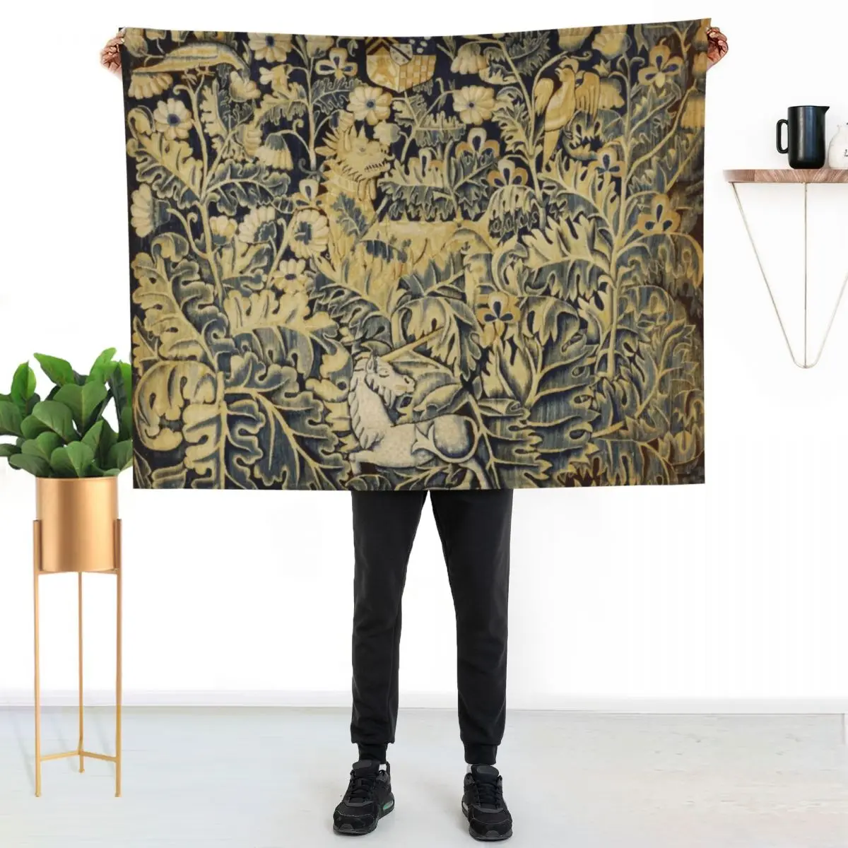 UNICORN, DRAGON ,BIRDS,ANIMALS AMONG CABBAGE LEAVES ANTIQUE GREEN FLORAL TAPESTRY Throw Blanket Bed Luxury Single Blankets