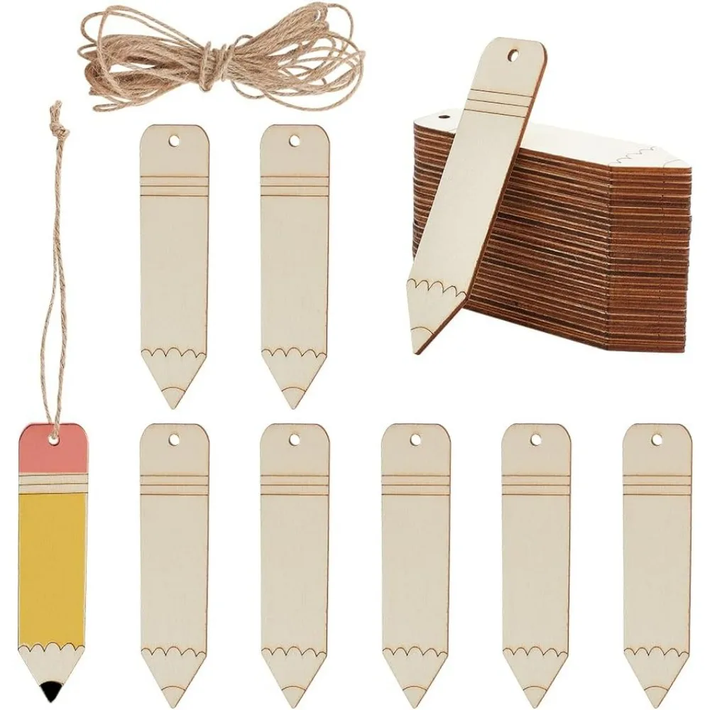 30Pcs Wooden Pencil Cutouts Back to School Wooden Cutout Blank DIY Craft Cutout Wooden Labels Tags with Jute Cord Wood Pencil