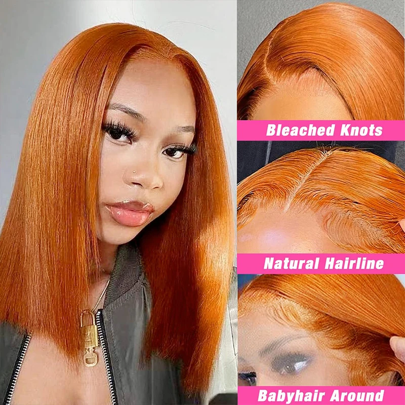 Ginger Orange Bob Straight 13x4 Lace Front Human Hair Wigs for Women Transparent HD Lace Front Wig Pre Plucked Brazilian Wig