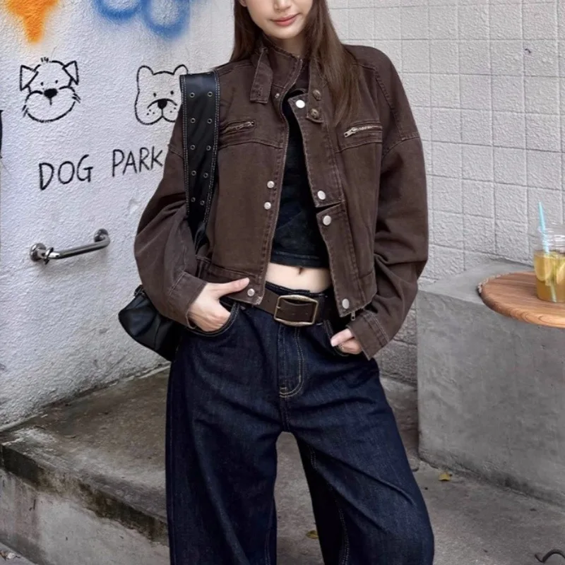 Women's Stand Collar Denim Jackets New Fashion Elegant Women Slim Harajuku Button Jackets Autumn Street Chic Young Student Coats