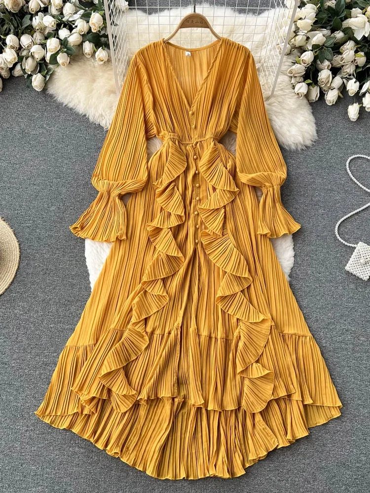 Beach Chiffon Dress Women Elegant  Lotus Leaf Lace V-Neck Pleated Long Dresses Ladies Single Breasted A-line Vintage Long Robe