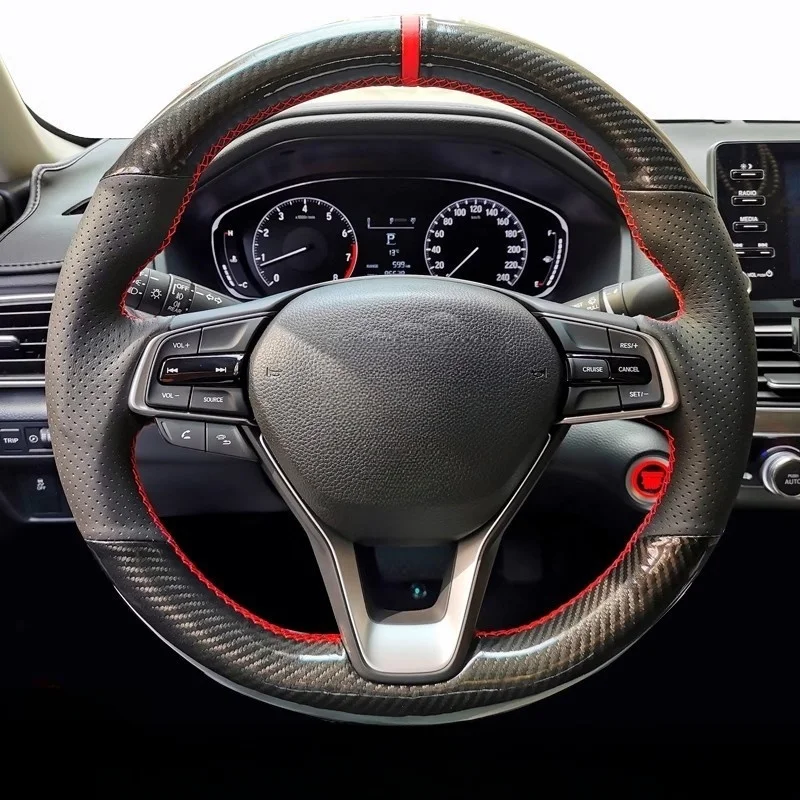 

DIY Black Genuine Leather Carbon Fiber Steering wheel cover For Honda Accord 10 2018 2019 Car Accessories