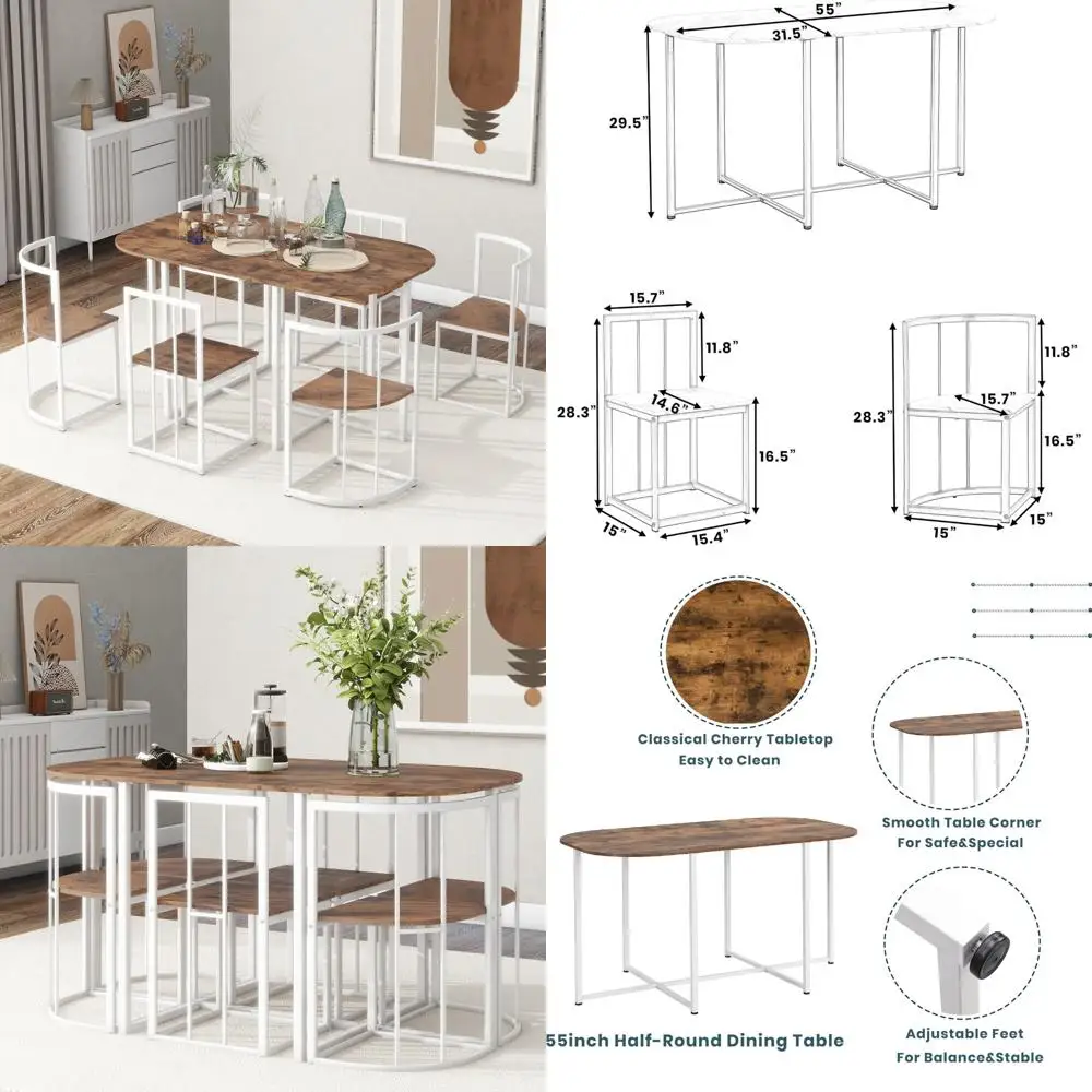 Juego de mesa de comedor y sillas de metal con acabado cerezo blanco para 6 personas para espacios pequeños