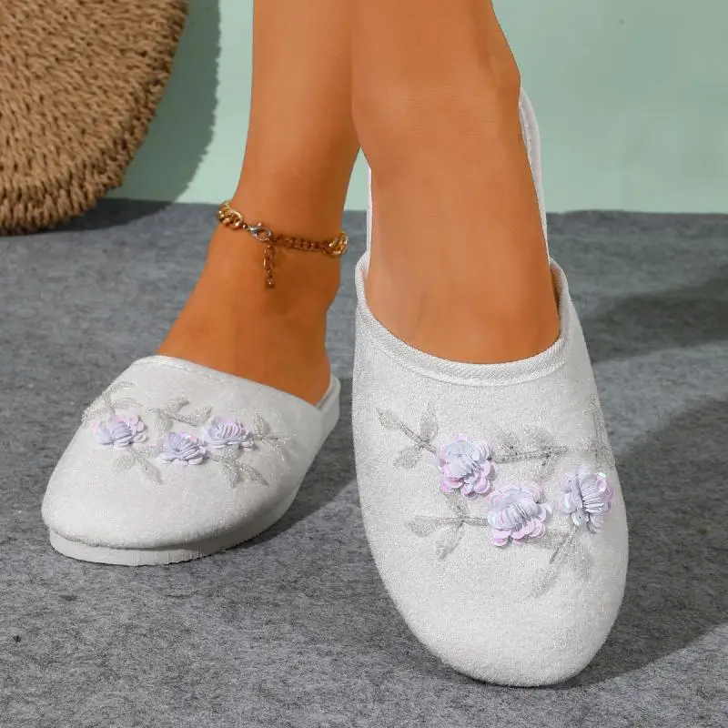 Bunte Pailletten-Blumen-Hausschuhe für Damen, Herbst, leichte, weiche Plüsch-Mules, warme Schlafzimmer-Slipper für Frauen – Detail 10