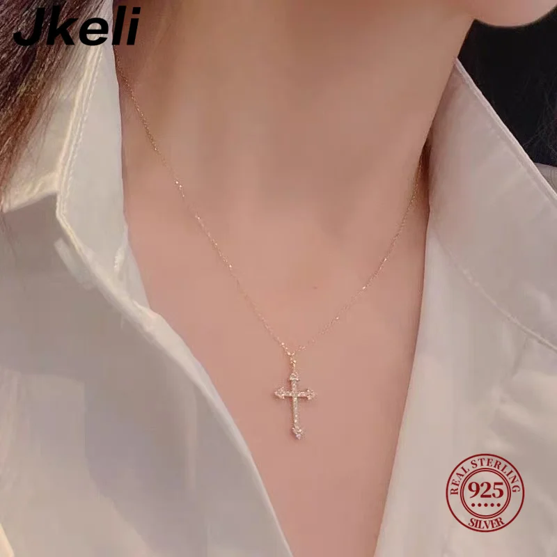 

Jkeli 925 Sterling Silver Cute Cross JkeliPendant Simple Necklace Female Clavicle Chain Fine Jewelry For Women Gift Wholesale