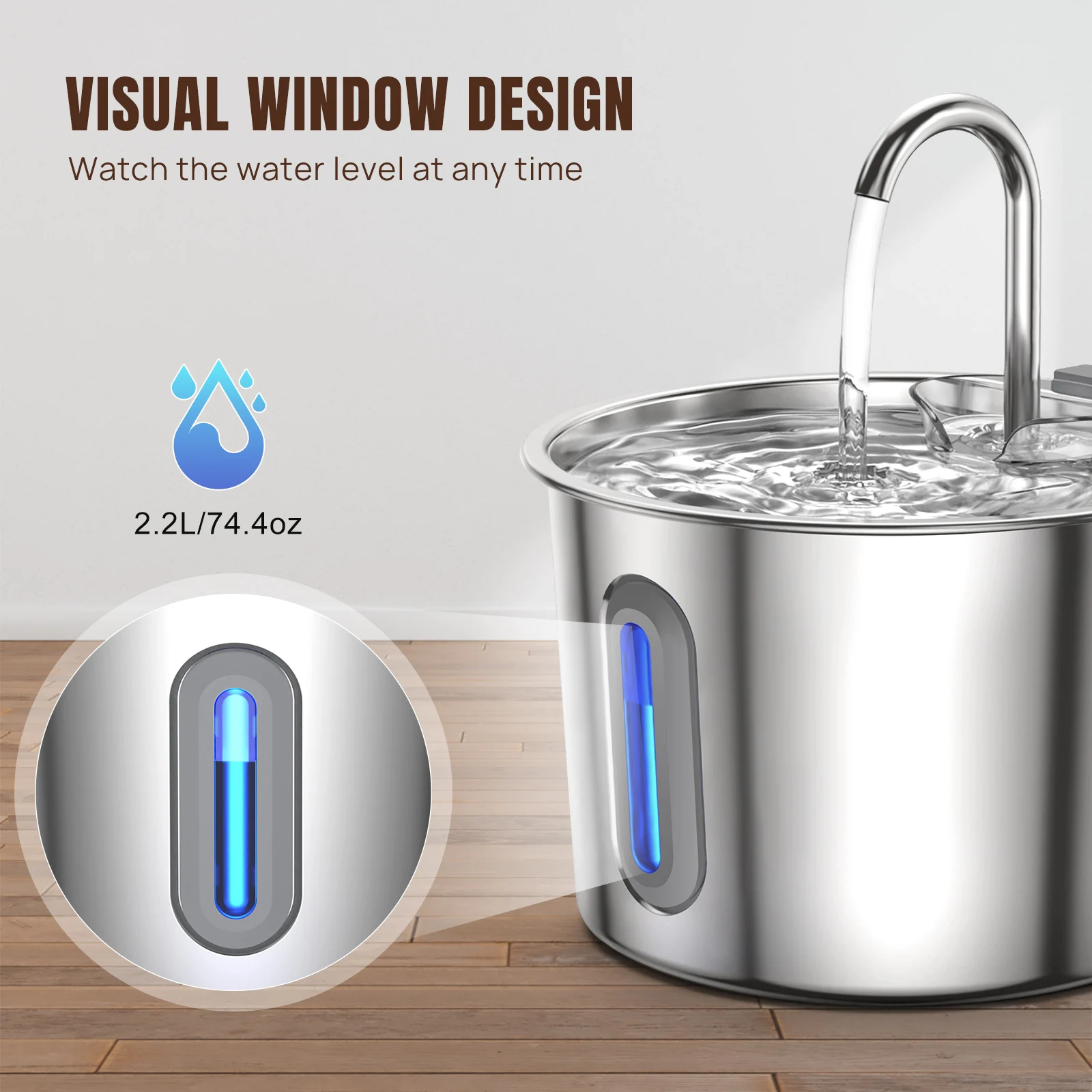 Cat Fountain Stainless Steel Drinking Fountain for Cat 2.2L Quiet Cat Center Drinking Fountain for Dogs with Water Level Window 6