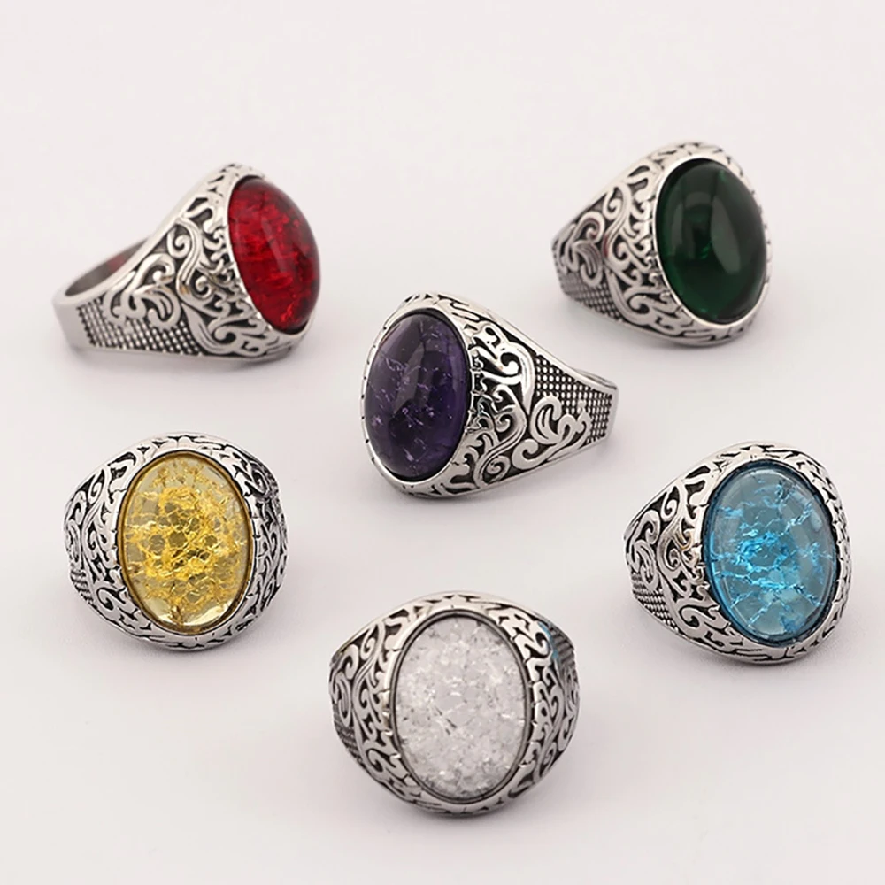 Vintage Engraved Exaggerate Ring Multi - Color Broken Stone Stainless Steel Ring for Men Women Retro Personality Jewelry Gift