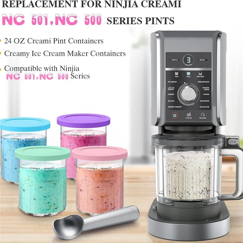 

AB15-Ice Creami Pints и крышки для замены с набором ложек для Ninja Creami NC501 NC500 Nc500c, NC501c Series Ice Cream Maker Dura
