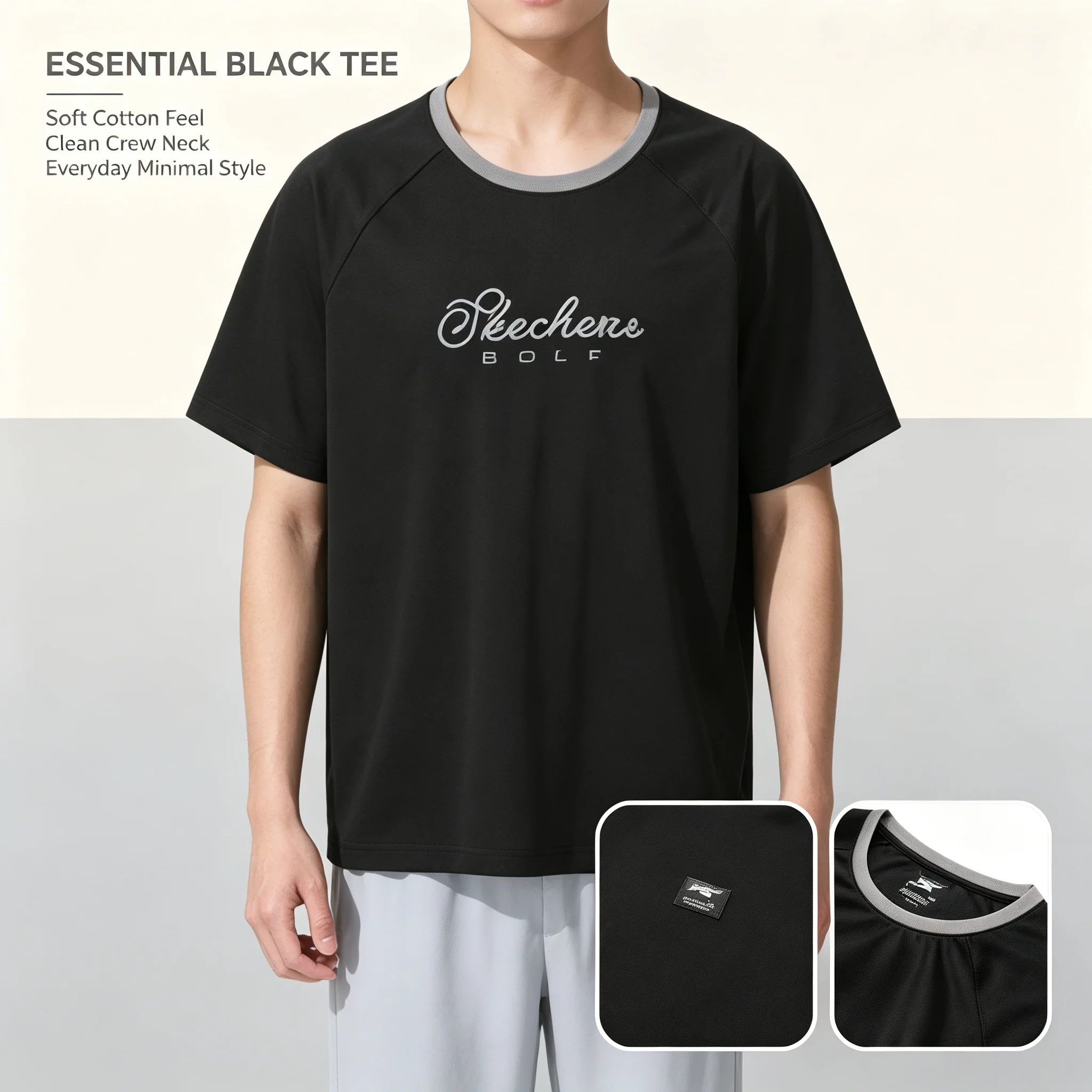 SKECHERS Men Black Short Sleeve T Shirt Soft Breathable Cotton Crew Neck Casual Daily Minimalist Tee P225U119-03K8