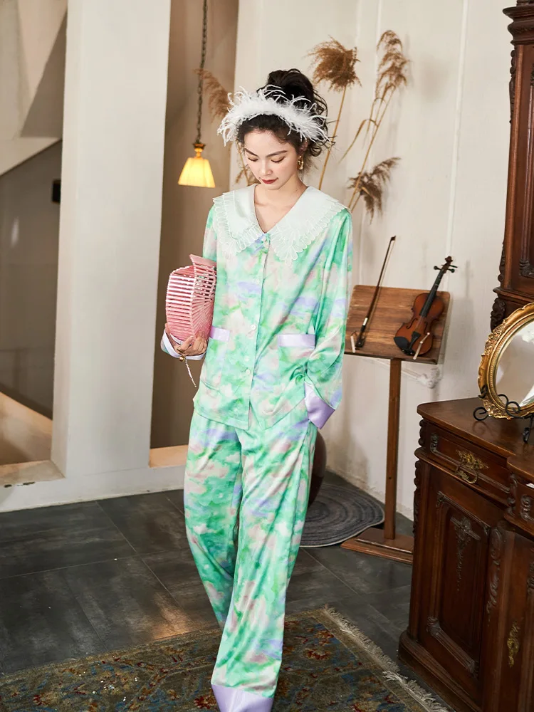 Peter Pan Collar Women Pajamas Set 2 Pieces Set With Pant Spring Tie Dye Print Satin Sleepwear Oversize Homewear For Female