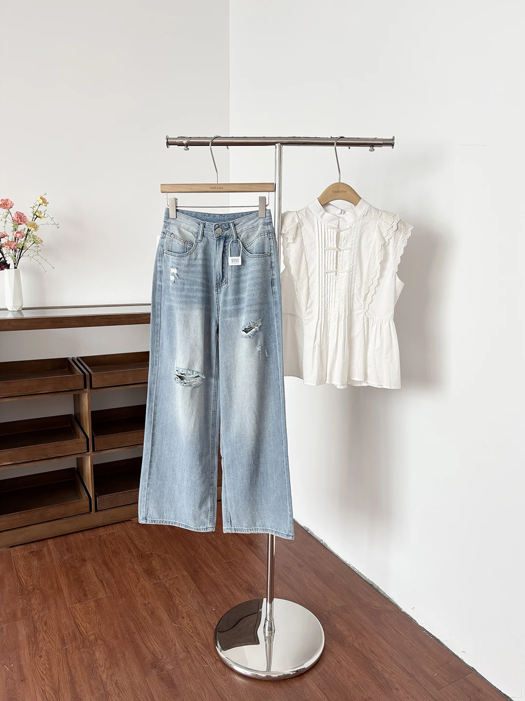 

Trendy High Waist Wide Leg Jeans Women's Distressed Denim Pants Summer New Style Retro Versatile Old-timey Look Polyester Fiber