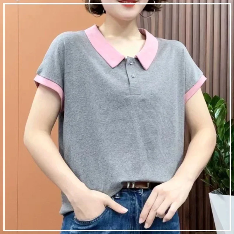 

Summer Age Reducing College Style Minimalist and Fashionable Color Blocking Polo Collar Casual Loose Short Sleeved Polo Shirt