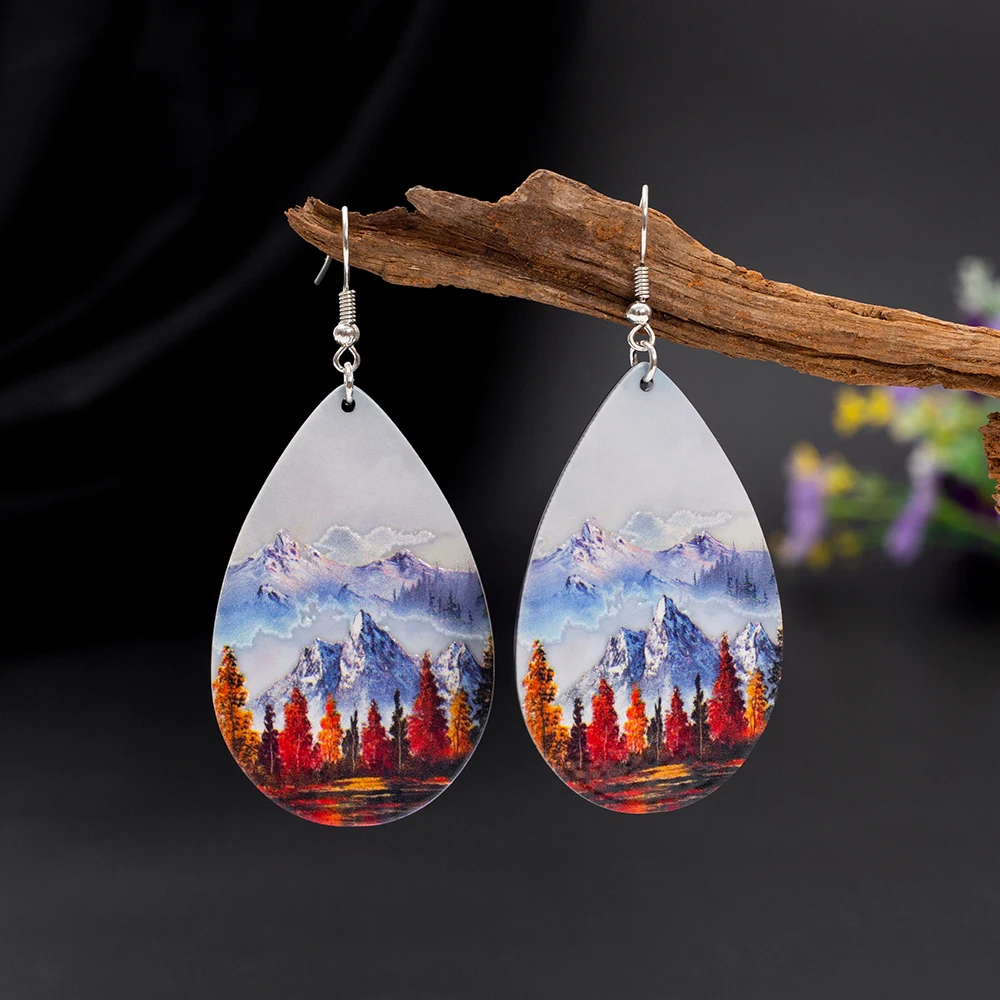 Fashion Snow Mountain Forest Landscape Relievo Printing Vintage Acrylic Water Drop Earrings For Women Leisure Vacation Jewelry