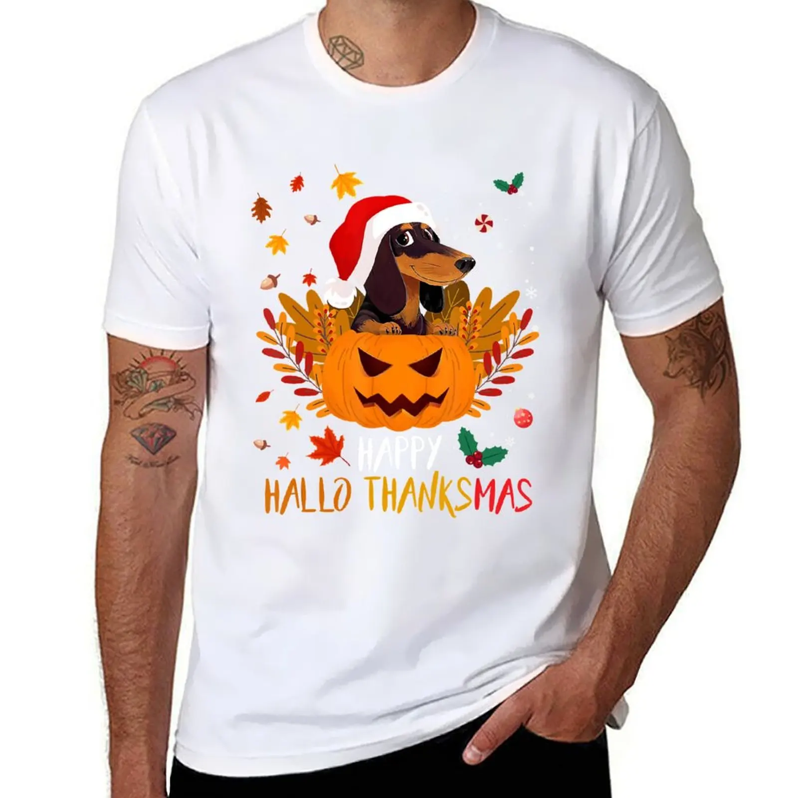 

Happy HalloThanksMas Funny Dachshund Halloween Thanksgiving Christmas Dog Gift T-Shirt t shirts for man cotton T-Shirt