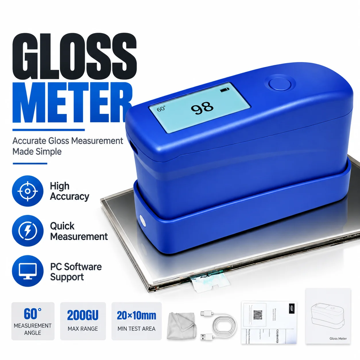 Gloss Meter for Paint Coating Metal Plastic Paper Tile, Batch Testing 200GU Gloss Meter 60°, 1GU Resolution, ±1GU Repeatability