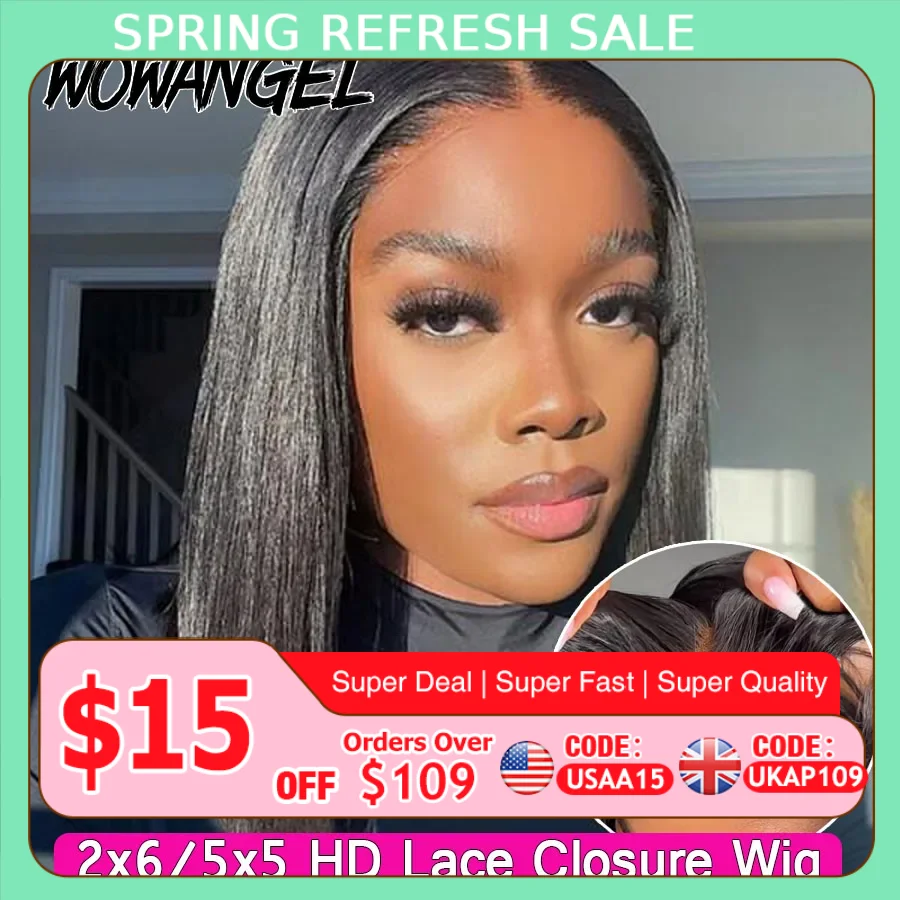 WOWANGEL 2X6 HD Lace Closure Wigs Deep Part Glueless Wig Ready to Wear 5x5 HD Lace Closure Human Hair Wigs Straight Bob Wigs