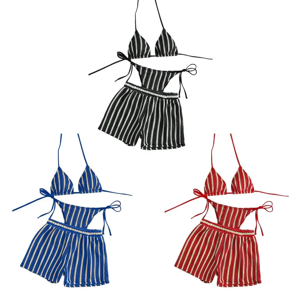 Fashion Vintage Women Swimsuit Striped knitted Beach Bikini Small Busts Fit 3-Piece Set Bikini Set Beach Vacations