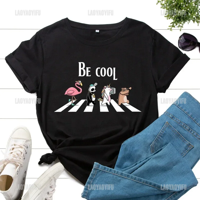 Kawaii Anime Shirt Cute Animals Tee Crosswalk Letter Graphic Tshirts Summer Women Casual Short Sleeve Tops Graphic T Shirts