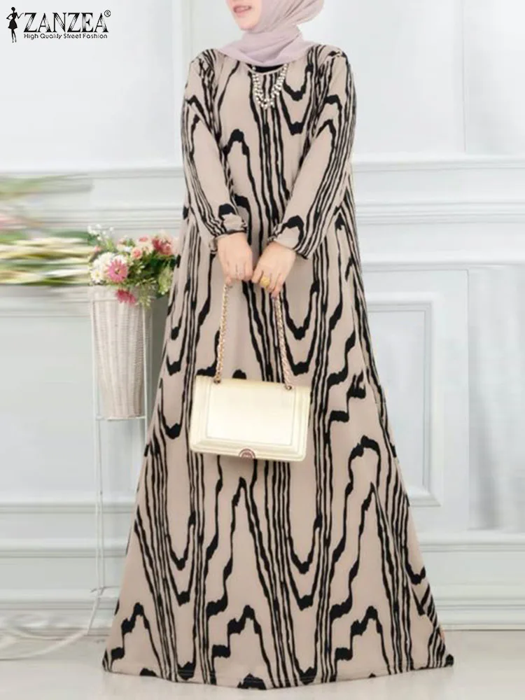 ZANZEA Fashion Long Sleeve Printed Sundress Muslim Women Maxi Dresses Abaya Elegant Loose IsIamic Vestidos Kaftan Robe Femme