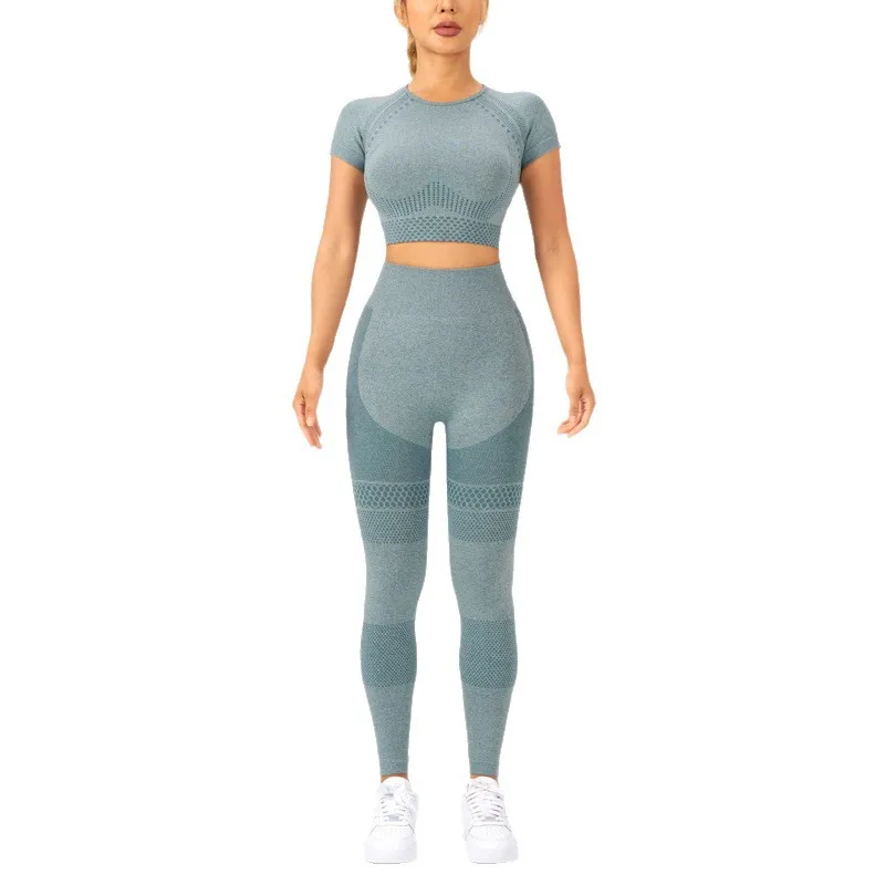 

Women Yoga Set Workout Sportswear Gym Clothes Fitness Crop Top Short Sleeve High Waist Leggings Athletic Sports Suit