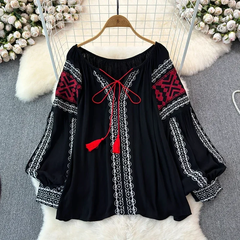 Retro Embroidered Shirt Top Female 2024 Spring Lace Up Tassel Loose Lantern Sleeves Ethnic Style Blouse Female A46